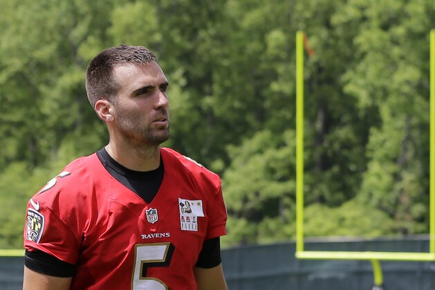 Baltimore Ravens quarterback Joe Flacco walks off the field after an NFL football practice, Wednesday, June 4, 2014, at the team's practice facility in Owings Mills, Md. (AP Photo/Patrick Semansky)