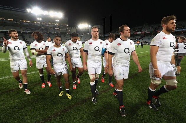 AUCKLAND, NEW ZEALAND - JUNE 07: The England team walk off the pitch after their narrow defeat during the International Test Match between the New Zealand All Blacks and England at Eden Park on June 7, 2014 in Auckland, New Zealand.  (Photo by David Rogers/Getty Images)