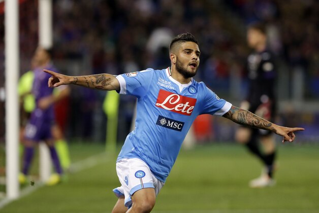 Napoli's Lorenzo Insigne celebrates after scoring during the Italian Cup final match between Fiorentina and Napoli in Rome's Olympic stadium Saturday, May 3, 2014. (AP Photo/Gregorio Borgia)