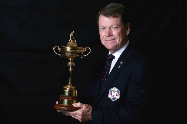 AUCHTERARDER, SCOTLAND - SEPTEMBER 24:  Tom Watson, the American Ryder Cup team captain, poses with the trophy during a studio shoot prior to the start of The Ryder Cup Captains' Joint Press Conference at Gleneagles on September 24, 2013 in Auchterarder, Scotland.  (Photo by Andrew Redington/Getty Images)