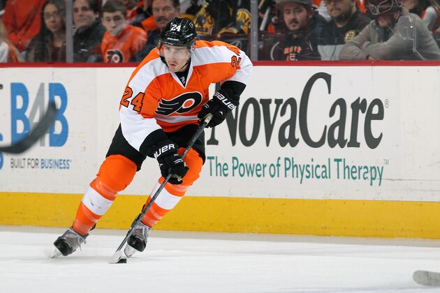 PHILADELPHIA, PA - MARCH 30:  Matt Read #24 of the Philadelphia Flyers skates the puck against the Boston Bruins on March 30, 2014 at the Wells Fargo Center in Philadelphia, Pennsylvania.  (Photo by Len Redkoles/NHLI via Getty Images)