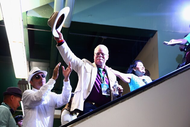 ELMONT, NY - JUNE 07:  Steve Coburn, co-owner of California Chrome waves to fans at Belmont Park on June 7, 2014 in Elmont, New York.  California Chrome will be attempting to win the triple crown in the Belmont Stakes.  (Photo by Streeter Lecka/Getty Images)