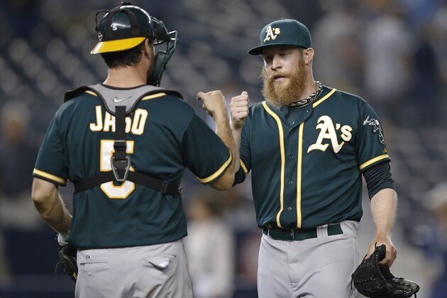 Oakland Athletics catcher John Jaso (5) congratulates relief pitcher Sean Doolittle after Doolitle closed out the 10th inning in the Athletics' 5-2 victory over the New York Yankees in a baseball game at Yankee Stadium in New York, Tuesday, June 3, 2014.  (AP Photo/Kathy Willens)
