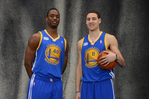 HOUSTON, TX - FEBRUARY 15: Harrison Barnes #40 and Klay Thompson #11 of Team Shaq poses for portraits prior to the 2013 BBVA Rising Stars Challenge at Toyota Center on February 15, 2013 in Houston, Texas. NOTE TO USER: User expressly acknowledges and agrees that, by downloading and/or using this photograph, user is consenting to the terms and conditions of the Getty Images License Agreement.  Mandatory Copyright Notice: Copyright 2013 NBAE (Photo by Jesse D. Garrabrant/NBAE via Getty Images)