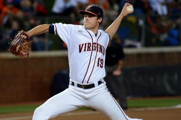 Virginia's Nathan Kirby pitches during the eighth inning of an NCAA college baseball regional tournament game against Arkansas in Charlottesville, Va., Saturday, May 31, 2014. (AP Photo/Pat Jarrett)