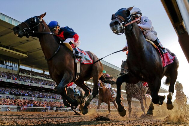 Tonalist, left, with Joel Rosario up edges out Commissioner with Javier Castellano up to win the 146th running of the Belmont Stakes horse race, Saturday, June 7, 2014, in Elmont, N.Y. (AP Photo/Matt Slocum)