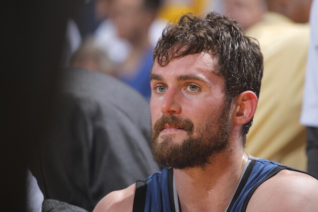 OAKLAND, CA - APRIL 14: Kevin Love #42 of the Minnesota Timberwolves during a game against the Golden State Warriors on April 14, 2014 at Oracle Arena in Oakland, California. NOTE TO USER: User expressly acknowledges and agrees that, by downloading and or using this photograph, user is consenting to the terms and conditions of Getty Images License Agreement. Mandatory Copyright Notice: Copyright 2014 NBAE (Photo by Rocky Widner/NBAE via Getty Images)