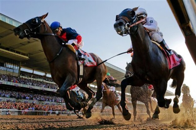 Tonalist, left, with Joel Rosario up edges out Commissioner with Javier Castellano up to win the 146th running of the Belmont Stakes horse race, Saturday, June 7, 2014, in Elmont, N.Y. (AP Photo/Matt Slocum)