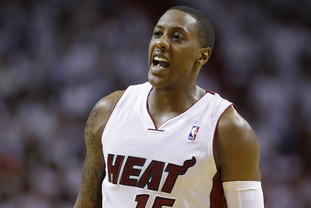 Miami Heat guard Mario Chalmers (15) during the second half of Game 3 in the NBA basketball Eastern Conference finals playoff series against the Indiana Pacers, Saturday, May 24, 2014, in Miami. (AP Photo/Lynne Sladky)