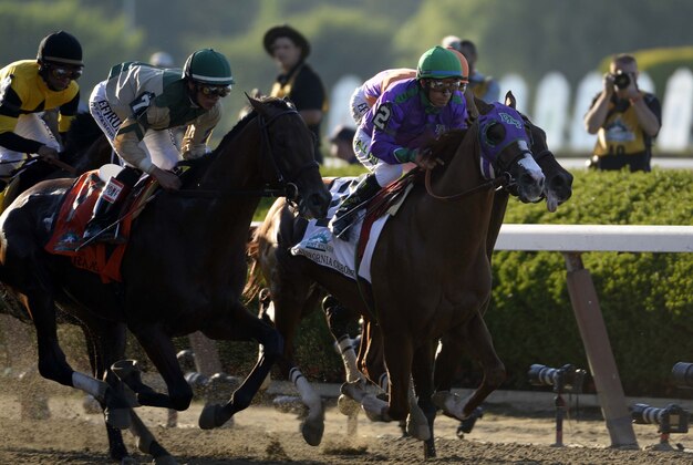 Jun 7, 2014; Elmont, NY, USA; Victor Espinoza aboard California Chrome (2) down the front stretch during the 2014 Belmont Stakes at Belmont Park. California Chrome finished 4th.  Mandatory Credit: Robert Deutsch-USA TODAY Sports