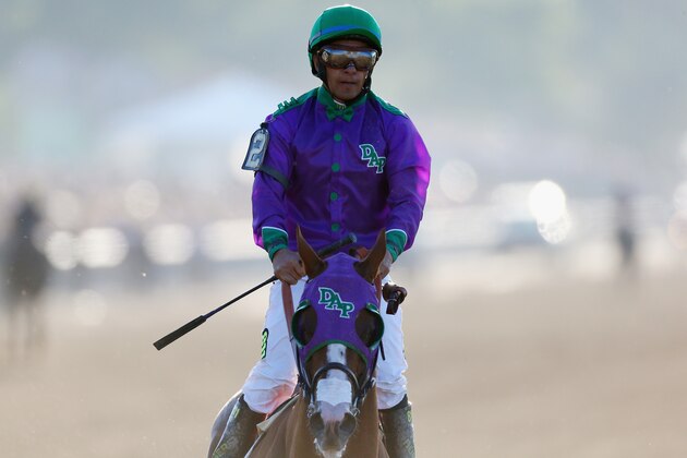 ELMONT, NY - JUNE 07:  California Chrome #2, ridden by Victor Espinoza, walks down the track after losing the 146th running of the Belmont Stakes at Belmont Park on June 7, 2014 in Elmont, New York.  (Photo by Streeter Lecka/Getty Images)