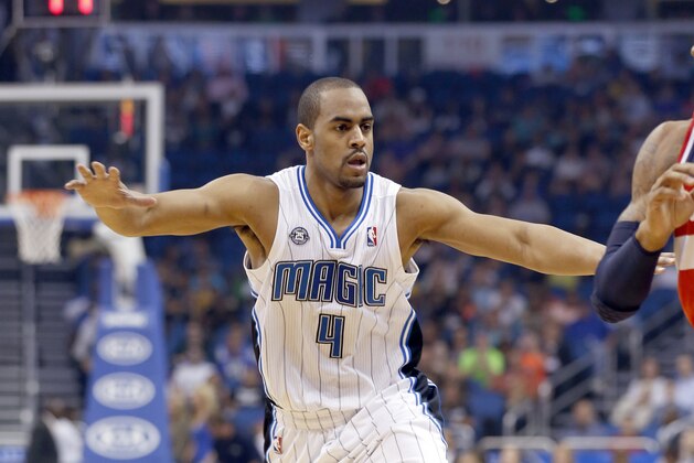 Orlando Magic guard Arron Afflalo (4) during an NBA basketball game between the Orlando Magic and Washington Wizards in Orlando, Fla., on Friday, Apr. 11, 2014.  The Wizzards won 96-86. (AP Photo/Reinhold Matay)