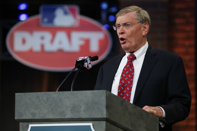 SECAUCUS, NJ - JUNE 5: Commissioner Allan H. Bud Selig speaks at the podium during the MLB First-Year Player Draft at the MLB Network Studio on June 5, 2014 in Secacucus, New Jersey. (Photo by Rich Schultz/Getty Images)