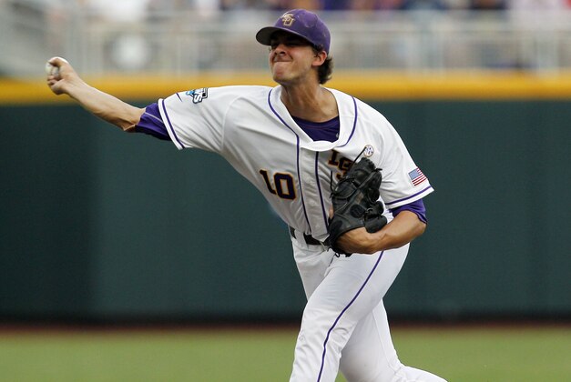 Jun 16, 2013; Omaha, NE, USA; LSU Tigers pitcher aaron Nola (10) pitcher  throws against the UCLA Bruins during the College World Series at TD Ameritrade Park. Mandatory Credit: Bruce Thorson-USA TODAY Sports