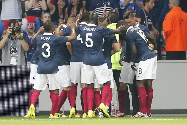 French soccer team forward Yohan Cabaye, reacts after scoring against Jamaica during the friendly soccer match between France and Jamaica at the Lille Metropole stadium, in Villeneuve d'Ascq, northern France, Sunday, June 8, 2014. France in preparation for the upcoming FIFA soccer World Cup in Brazil starting on 12 June. (AP Photo/Jacques Brinon)
