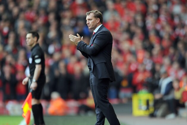 Liverpool's manager Brendan Rodgers during their English Premier League soccer match against Manchester City at Anfield in Liverpool, England, Sunday April. 13, 2014. (AP Photo/Clint Hughes)