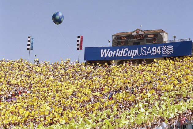Soccer fans welcome the start of the World Cup XV tournament at the Rose Bowl in Pasadena, Calif.,  June 18, 1994. The first round game matched Group A teams Colombia and Romania. (AP Photo/Lois Bernstein)