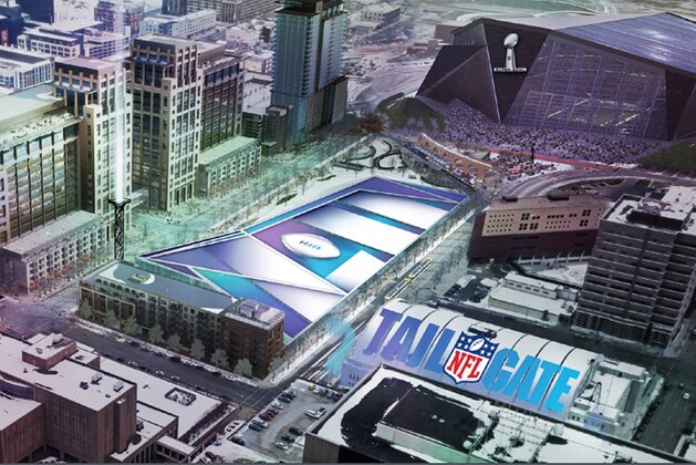 In this artist's rendering provided by the Minnesota Vikings on Wednesday, May 21, 2014, a Super Bowl LII logo covers a seven-acre prime space for an NFL tailgate party next to the new stadium, top right, which is under construction in Minneapolis. The image was part of the presentation made to NFL team owners before they voted to hold the 2018 Super Bowl in Minneapolis. (AP Photo/Minnesota Vikings)