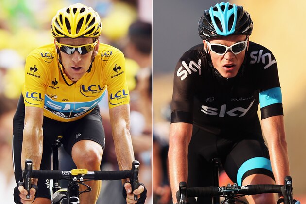(FILE PHOTO) In this composite image a comparison has been made between Sir Bradley Wiggins (L) and Christopher Froome of Team SKY Procycling and Great Britain.  Original image IDs are 148288512 (L) and 161618502. ***LEFT IMAGE***  ANNONAY, FRANCE - JULY 13:  Race leader Bradley Wiggins of Great Britain and SKY Procycling crosses the finish line on stage twelve of the 2012 Tour de France from Saint-Jean de Maurienne to Annonay Davezieux on July 13, 2012 in Annonay, France.  (Photo by Bryn Lennon/Getty Images) ***RIGHT IMAGE*** WADI DAYQAH DAM, OMAN - FEBRUARY 13: Chris Froome of Great Britain and SKY Procycling crosses the finishline on stage three of the 2013 Tour of Oman from Nakhal Fort to Wadi Dayqah Dam on February 13, 2013 in Wadi Dayqah Dam, Oman. (Photo by Bryn Lennon/Getty Images)