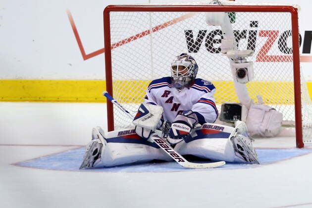 LOS ANGELES, CA - JUNE 07:  Goaltender Henrik Lundqvist #30 of the New York Rangers sits on the ice after allowing the game winning goal in double overtime to Dustin Brown #23 of the Los Angeles Kings during Game Two of the 2014 NHL Stanley Cup Final at the Staples Center on June 7, 2014 in Los Angeles, California.  (Photo by Victor Decolongon/Getty Images)