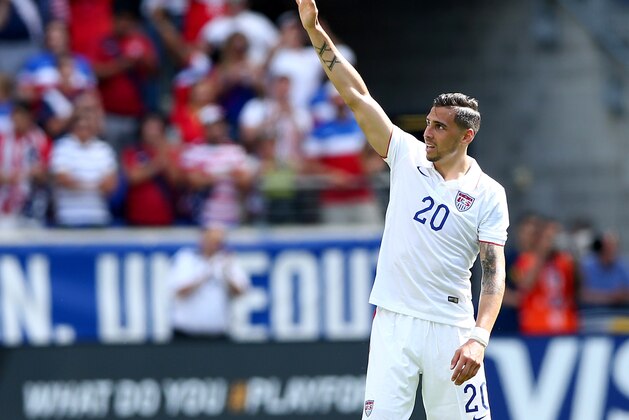 HARRISON, NJ - JUNE 01:  Geoff Cameron #20 of United States salutes the fans after an international friendly match against Turkey at Red Bull Arena on June 1, 2014 in Harrison, New Jersey.The United States defeated Turkey 2-1.  (Photo by Elsa/Getty Images)