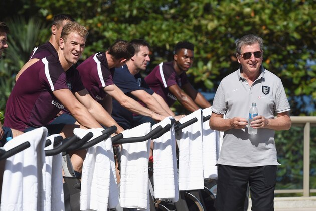 RIO DE JANEIRO, BRAZIL - JUNE 08: Roy Hodgson, manager of England smiles with Joe Hart of England as he takes part in a recovery session at the Golden Tulip Hotel on June 8, 2014 in Rio de Janeiro, Brazil.  (Photo by Michael Regan - The FA/The FA via Getty Images)