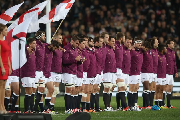AUCKLAND, NEW ZEALAND - JUNE 07: The England team line up during the International Test Match between the New Zealand All Blacks and England at Eden Park on June 7, 2014 in Auckland, New Zealand.  (Photo by David Rogers/Getty Images)