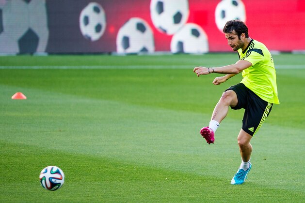 SEVILLE, SPAIN - MAY 29:  Cesc Fabregas of Spain shoots towards goal during a training session ahead of their international friendly match against Bolivia at the Ramon Sanchez Pizjuan stadium on May 29, 2014 in Seville, Spain.  (Photo by David Ramos/Getty Images)