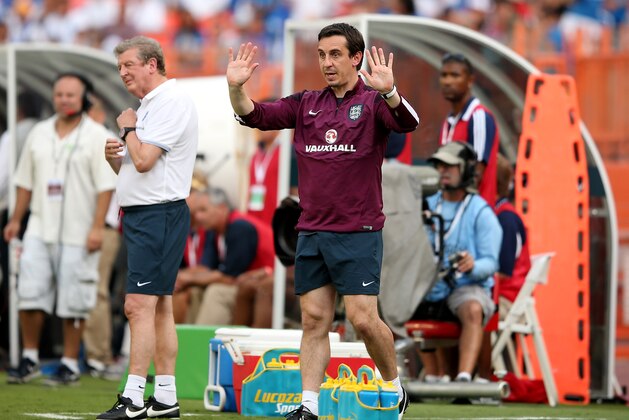 MIAMI GARDENS, FL - JUNE 07:  Assistant coach Gary Neville of England gives instructions during the International Friendly match between England and Honduras at the Sun Life Stadium on June 7, 2014 in Miami Gardens, Florida.  (Photo by Richard Heathcote/Getty Images)