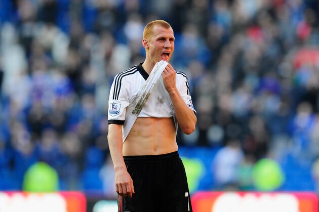 CARDIFF, WALES - MARCH 08: Steve Sidwell of Fulham reacts after the Barclays Premier league match between Cardiff City and Fulham at Cardiff City Stadium on March 8, 2014 in Cardiff, Wales.  (Photo by Stu Forster/Getty Images)