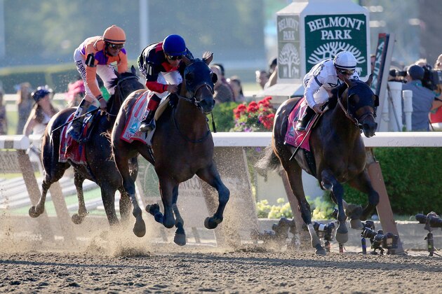 ELMONT, NY - JUNE 07:  Tonalist #11 (C), ridden by Joel Rosario, races to the finish line enroute to winning the 146th running of the Belmont Stakes at Belmont Park on June 7, 2014 in Elmont, New York.  (Photo by Rob Carr/Getty Images)