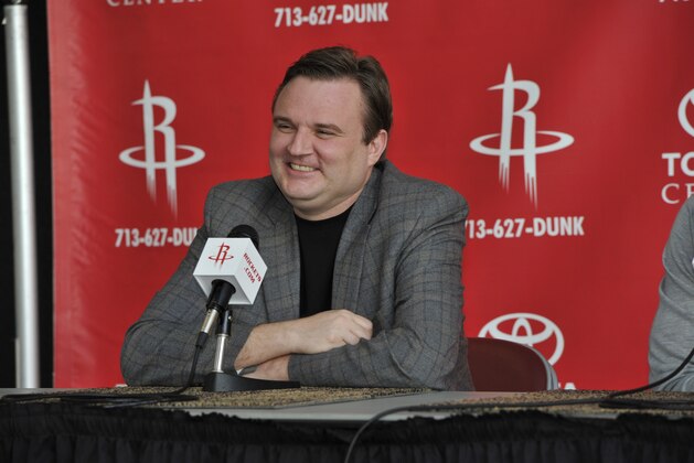 HOUSTON, TX - OCTOBER 29: General Manager Daryl Morey of the Houston Rockets speaks to the media as James Harden is introduced to the media on October 29, 2012 at Toyota Center in Houston, Texas. NOTE TO USER: User expressly acknowledges and agrees that, by downloading and/or using this photograph, user is consenting to the terms and conditions of the Getty Images License Agreement.  Mandatory Copyright Notice: Copyright 2012 NBAE (Photo by Bill Baptist/NBAE via Getty Images)