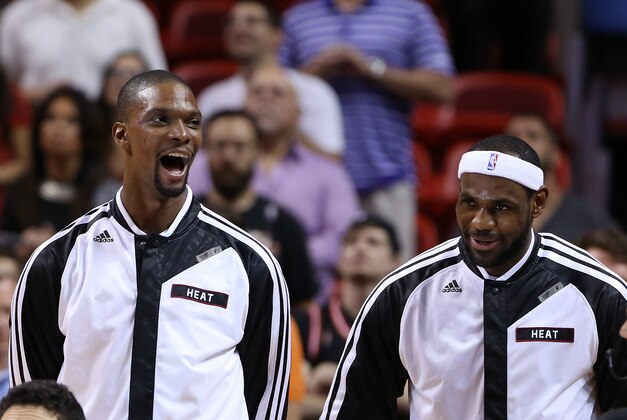 Apr 2, 2014; Miami, FL, USA; Miami Heat center Chris Bosh (left) and forward LeBron James (6) before  a game against the Milwaukee Bucks     at American Airlines Arena.  Mandatory Credit: Robert Mayer-USA TODAY Sports