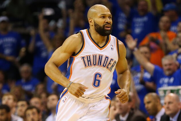 OKLAHOMA CITY, OK - MAY 25: Oklahoma City Thunder Derek Fisher #6 runs up the court against the San Antonio Spurs during Game Three of the Western Conference Finals of the 2014 NBA Playoffs at Chesapeake Energy Arena on May 25, 2014 in Oklahoma City, Oklahoma.  (Photo by Ronald Martinez/Getty Images)