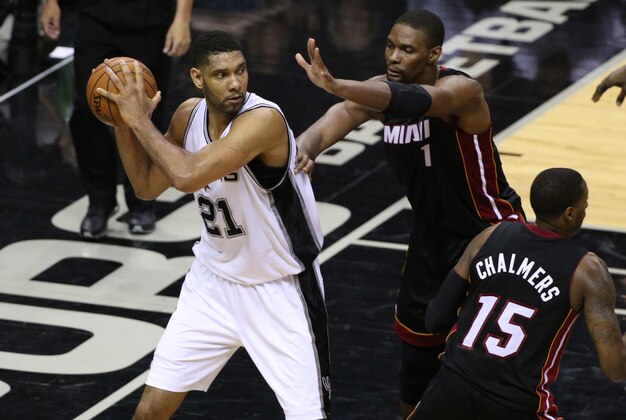 Jun 8, 2014; San Antonio, TX, USA; San Antonio Spurs forward Tim Duncan (21) looks to pass against Miami Heat center Chris Bosh (1) in game two of the 2014 NBA Finals at AT&T Center. Mandatory Credit: Soobum Im-USA TODAY Sports