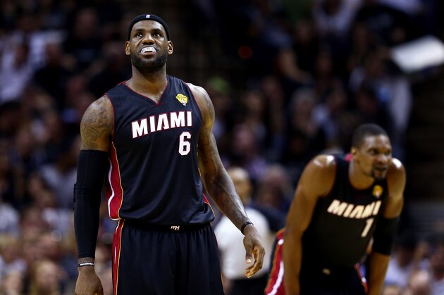 SAN ANTONIO, TX - JUNE 08: LeBron James #6 of the Miami Heat looks on against the San Antonio Spurs during Game Two of the 2014 NBA Finals at the AT&T Center on June 8, 2014 in San Antonio, Texas. NOTE TO USER: User expressly acknowledges and agrees that, by downloading and or using this photograph, User is consenting to the terms and conditions of the Getty Images License Agreement. (Photo by Andy Lyons/Getty Images) SAN ANTONIO, TX - JUNE 08: LeBron James #6 of the Miami Heat looks on against the San Antonio Spurs during Game Two of the 2014 NBA Finals at the AT&T Center on June 8, 2014 in San Antonio, Texas. NOTE TO USER: User expressly acknowledges and agrees that, by downloading and or using this photograph, User is consenting to the terms and conditions of the Getty Images License Agreement. (Photo by Andy Lyons/Getty Images)