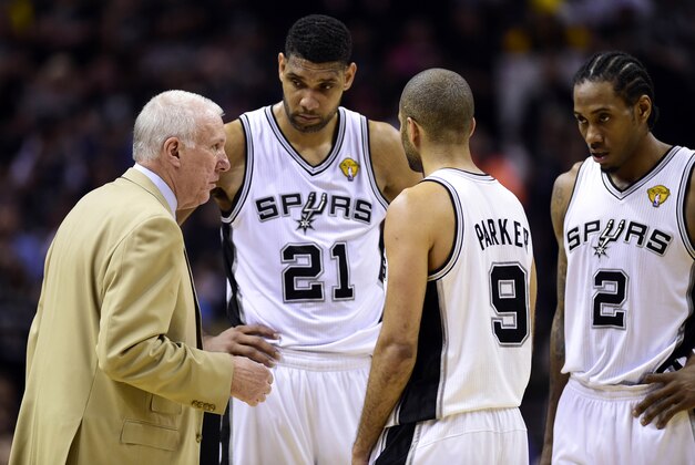 Jun 8, 2014; San Antonio, TX, USA; San Antonio Spurs head coach Gregg Popovich talks to forward Tim Duncan (21) guard Tony Parker (9) and forward Kawhi Leonard (2) against the Miami Heat in game two of the 2014 NBA Finals at AT&T Center. The Heat won 98-96. Mandatory Credit: Bob Donnan-USA TODAY Sports