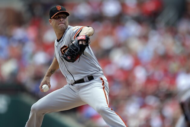 San Francisco Giants starting pitcher Tim Hudson throws during the first inning of a baseball game against the St. Louis Cardinals, Sunday, June 1, 2014, in St. Louis. (AP Photo/Jeff Roberson)