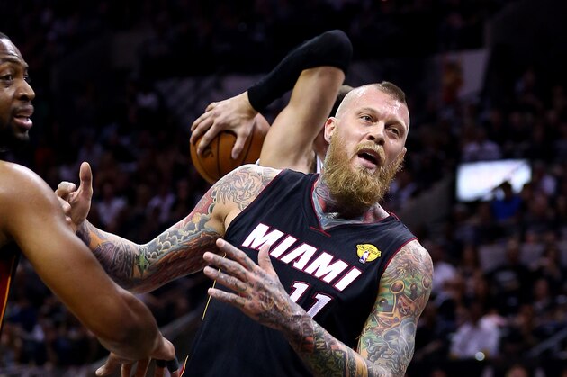 SAN ANTONIO, TX - JUNE 08: Chris Andersen #11 of the Miami Heat reacts against the San Antonio Spurs  during Game Two of the 2014 NBA Finals at the AT&T Center on June 8, 2014 in San Antonio, Texas. NOTE TO USER: User expressly acknowledges and agrees that, by downloading and or using this photograph, User is consenting to the terms and conditions of the Getty Images License Agreement.  (Photo by Andy Lyons/Getty Images)