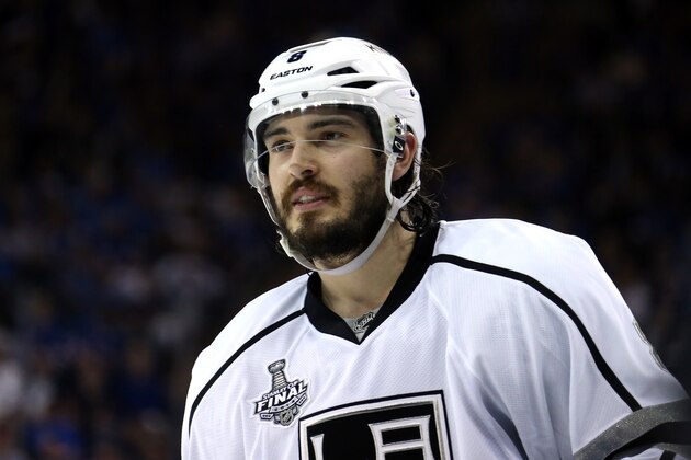 NEW YORK, NY - JUNE 09:  Drew Doughty #8 of the Los Angeles Kings looks on during the third period of Game Three of the 2014 NHL Stanley Cup Final against the New York Rangers at Madison Square Garden on June 9, 2014 in New York, New York.  (Photo by Bruce Bennett/Getty Images)