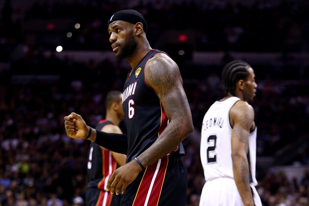 SAN ANTONIO, TX - JUNE 08: LeBron James #6 of the Miami Heat reacts against the San Antonio Spurs during Game Two of the 2014 NBA Finals at the AT&T Center on June 8, 2014 in San Antonio, Texas. NOTE TO USER: User expressly acknowledges and agrees that, by downloading and or using this photograph, User is consenting to the terms and conditions of the Getty Images License Agreement.  (Photo by Andy Lyons/Getty Images)