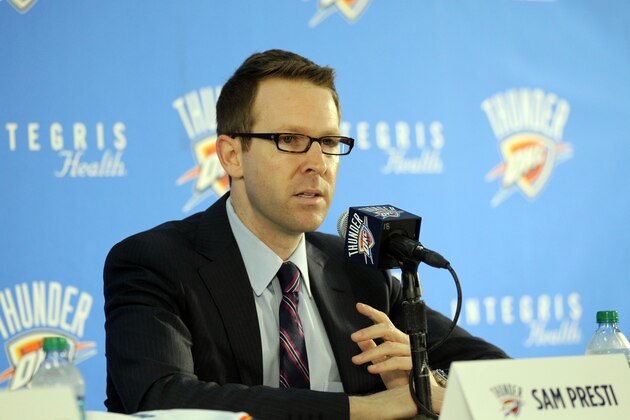 EDMOND, OK - JUNE 30:  Perry Jones lll #3, the Oklahoma City Thunder first round pick in the 2012 NBA Draft, is introduced by Thunder Executive Vice President and General Manager Sam Presti on June 30, 2012 at the Thunder Events Center in Edmond, Oklahoma. NOTE TO USER: User expressly acknowledges and agrees that, by downloading and or using this Photograph, user is consenting to the terms and conditions of the Getty Images License Agreement. Mandatory Copyright Notice: Copyright 2011 NBAE (Photo by Layne Murdoch/NBAE via Getty Images)