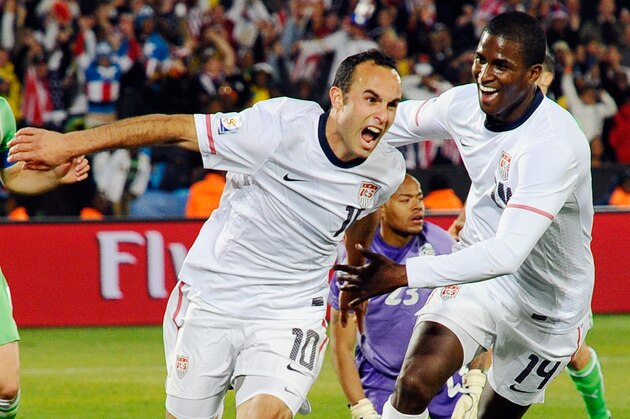 PRETORIA, SOUTH AFRICA - JUNE 23:  Landon Donovan of the United States celebrates with teammate Edson Buddle after scoring the winning goal that sends the USA through to the second round during the 2010 FIFA World Cup South Africa Group C match between USA and Algeria at the Loftus Versfeld Stadium on June 23, 2010 in Tshwane/Pretoria, South Africa. (Photo by Kevork Djansezian/Getty Images)