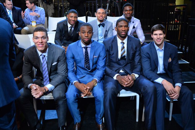 NEW YORK - MAY 20: NBA Draft Prospects Aaron Gordon, Marcus Smart,  Andrew Wiggins, Tyler Ennis, Joel Embiid, Noah Vonleh, and Doug McDermott poses for a photo during to the 2014 NBA Draft Lottery on May 20, 2014 at the ABC News' 'Good Morning America' Times Square Studio in New York City.  NOTE TO USER: User expressly acknowledges and agrees that, by downloading and/or using this photograph, user is consenting to the terms and conditions of the Getty Images License Agreement. Mandatory Copyright Notice: Copyright 2014 NBAE (Photo by Jesse D. Garrabrant/NBAE via Getty Images)
