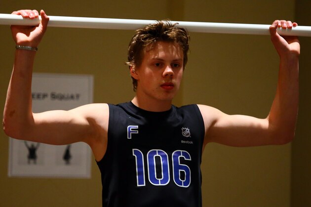 TORONTO - CANADA - MAY 29:  Kasperi Kapanen performs a test during the Functional Movement screening at the NHL Combine May 29, 2014 at the Westin Bristol in Toronto, Ontario, Canada. (Photo by Graig Abel/NHLI  via Getty Images)