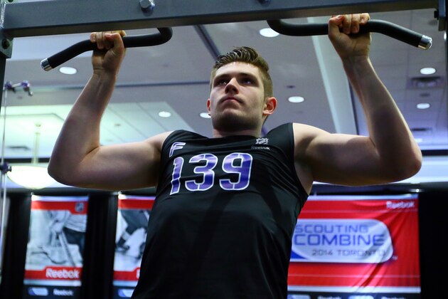 TORONTO, CANADA - MAY 31: Leon Draisaitl does a pull-up during the  the NHL Combine testing May 31, 2014 at the Westin Bristol in Toronto, Ontario, Canada. (Photo by Graig Abel/NHLI  via Getty Images)