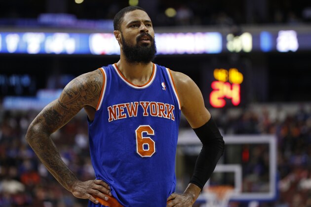 New York Knicks' Tyson Chandler in action during an NBA basketball game against the Philadelphia 76ers, Friday, March 21, 2014, in Philadelphia. (AP Photo/Matt Slocum)