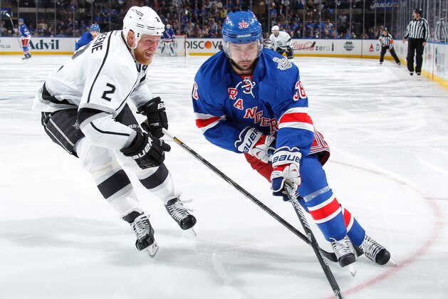NEW YORK, NY - JUNE 09:  Mats Zuccarello #36 of the New York Rangers skates the puck past Matt Greene #2 of the Los Angeles Kings during Game Three of the 2014 NHL Stanley Cup Final at Madison Square Garden on June 9, 2014 in New York City. (Photo by Scott Levy/NHLI via Getty Images)