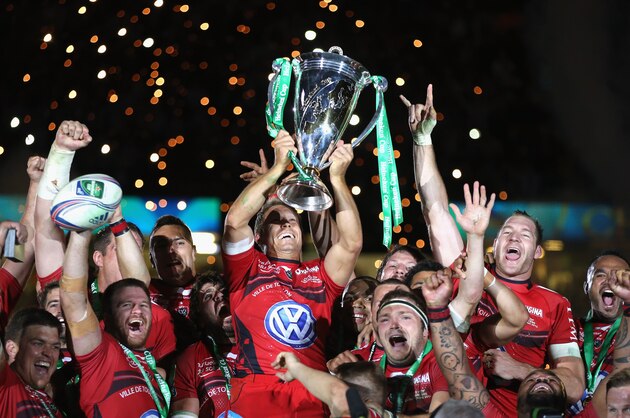 CARDIFF, WALES - MAY 24:  Jonny Wilkinson the Toulon captain, raises the Heineken Cup as his team mates celebrate after their victory during the Heineken Cup Final between Toulon and Saracens at the Millennium Stadium on May 24, 2014 in Cardiff, United Kingdom.  (Photo by David Rogers/Getty Images)