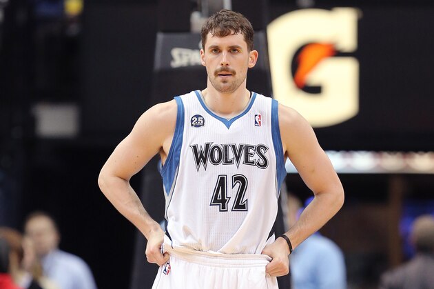 MINNEAPOLIS, MN - April 16:  Kevin Love #42 of the Minnesota Timberwolves stands on the court against the Utah Jazz on April 16, 2014 at Target Center in Minneapolis, Minnesota. NOTE TO USER: User expressly acknowledges and agrees that, by downloading and or using this Photograph, user is consenting to the terms and conditions of the Getty Images License Agreement. Mandatory Copyright Notice: Copyright 2014 NBAE (Photo by Jordan Johnson/NBAE via Getty Images)